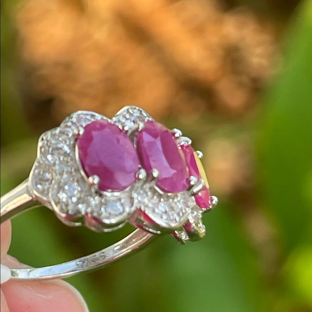 NWT Natural Ruby 3 stone (7X5mm each) Ring w/ CZ accents in 925 Silver Size 6.5